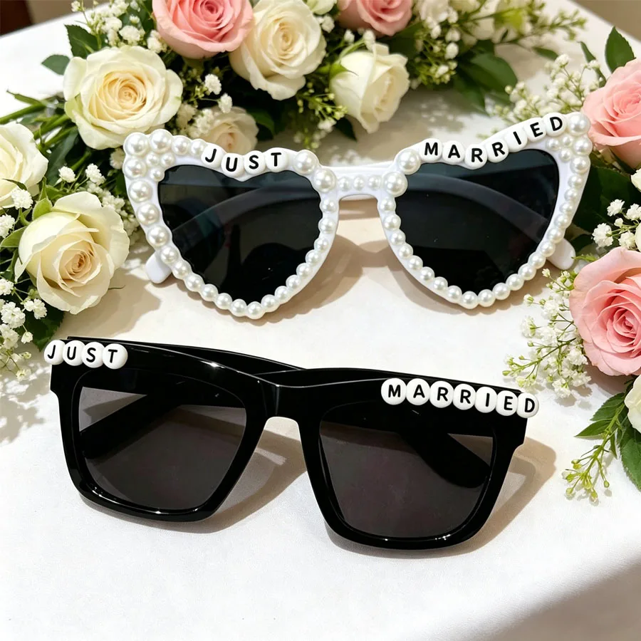 1/2 PCS Just Married Faux Pearl Decor Glasses Set, Bride & Groom Wedding Photo Booth Props, No Function.BRIDE TO BE Decor Glass