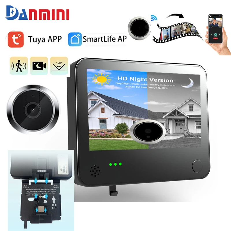 danmini-camera-de-porte-intelligente-43''-wifi-tuya-avec-detection-humaine-6000mah-120°-°-camera-video-a-distance-2khd-3mp-avec-ecran-ips-hd