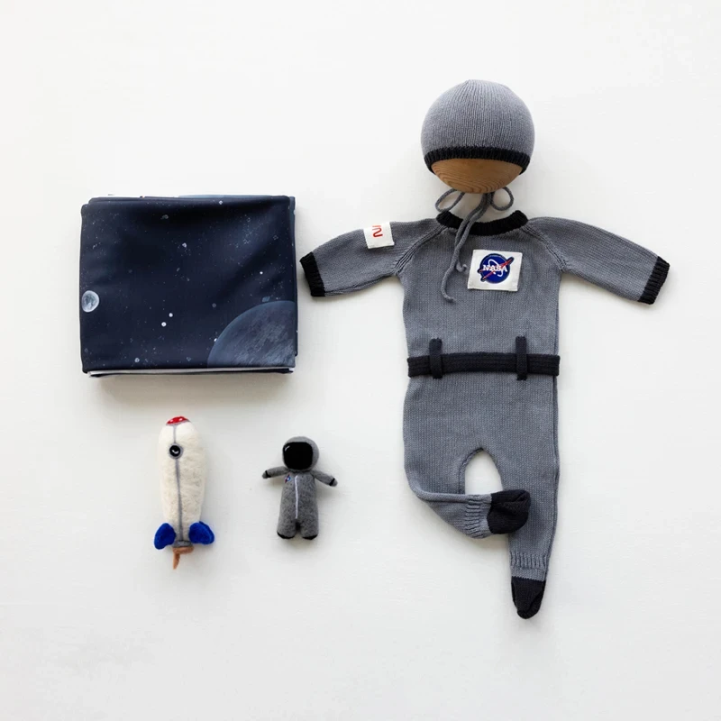 Ropa de fotografía para recién nacido, conjunto de mono con tema de astronauta, muñeco de astronauta de cohete pequeño, accesorios decorativos de fondo para fotografía de bebé