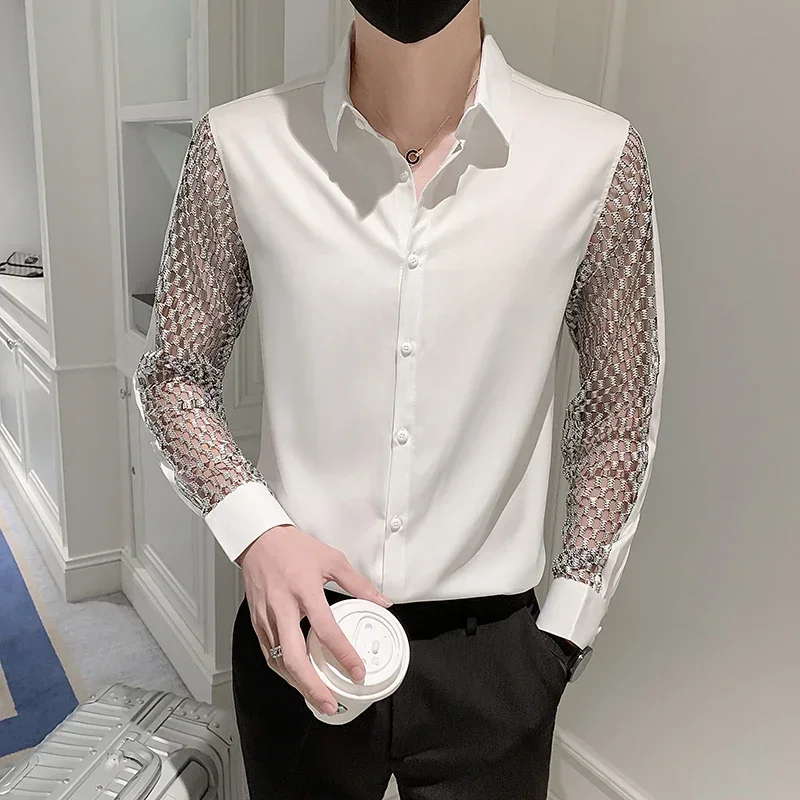 

Shirts & Blouses Fashion Hollow Lace Spliced Men's Shirts Long Sleeve Korean Luxury Clothing Slim Fit Shirts For Men Tuxedo 3XL