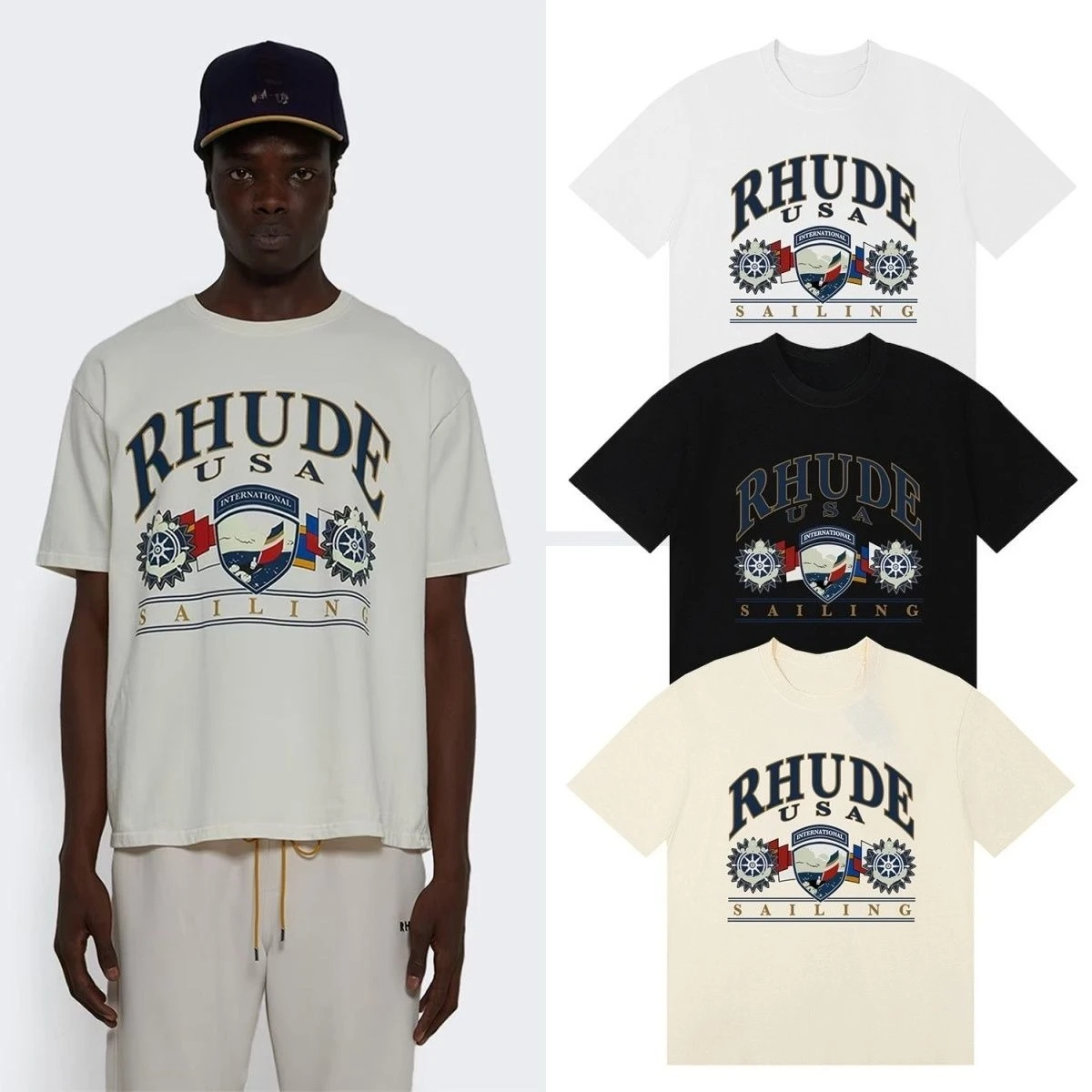 2026 Vintage Sailing Badge Graphic Short Sleeve T Shirt, Retro Arch Letter Print Nautical Marine Style Casual Tops for man