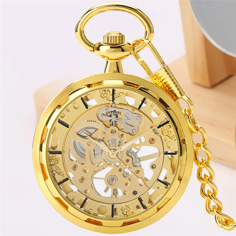 Bronze Hand Wind Mechanical Pocket Watch Gold Transparent Skeleton Fob Chain Antique Clock Luminous Hands Gift for Men Women