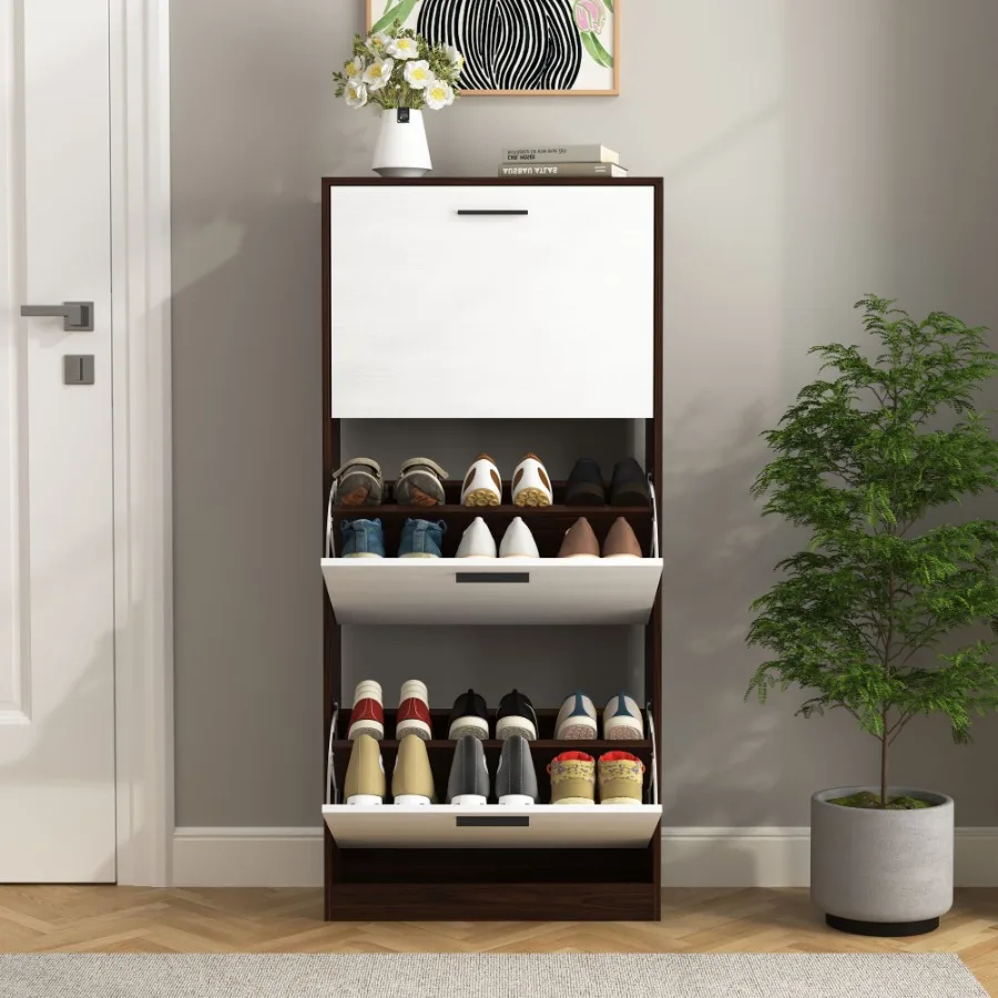 Shoe Storage Cabinet with 3 White Panel Flip Drawers Freestanding Organizer for Entryway Narrow Shoe Rack Cabinet
