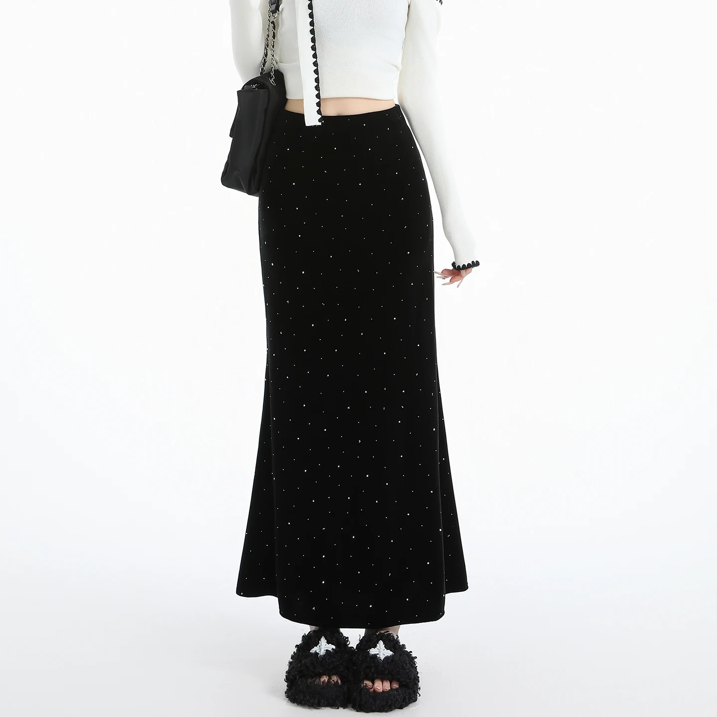 Velvet Midi Skirt Women Gold Hot Pressed High Waist Fishtail A Line Wrap Buttocks Slim Fit Autumn Winter