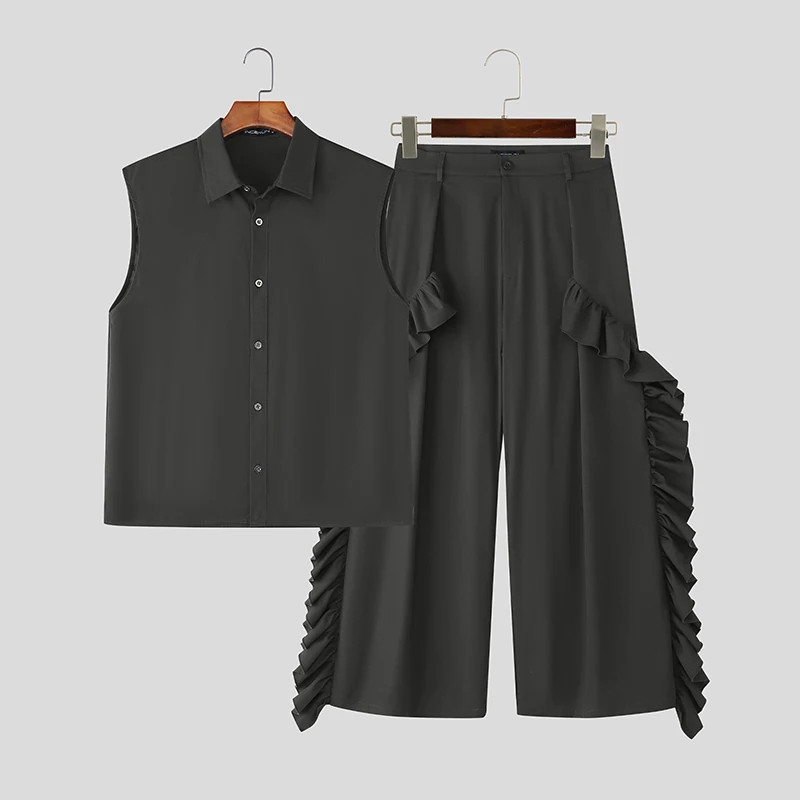 

INCERUN мужские комплекты, однотонная рубашка без рукавов с рюшами и лацканами, комплекты из двух предметов, уличная одежда, свободные модные мужские повседневные костюмы 2025 года