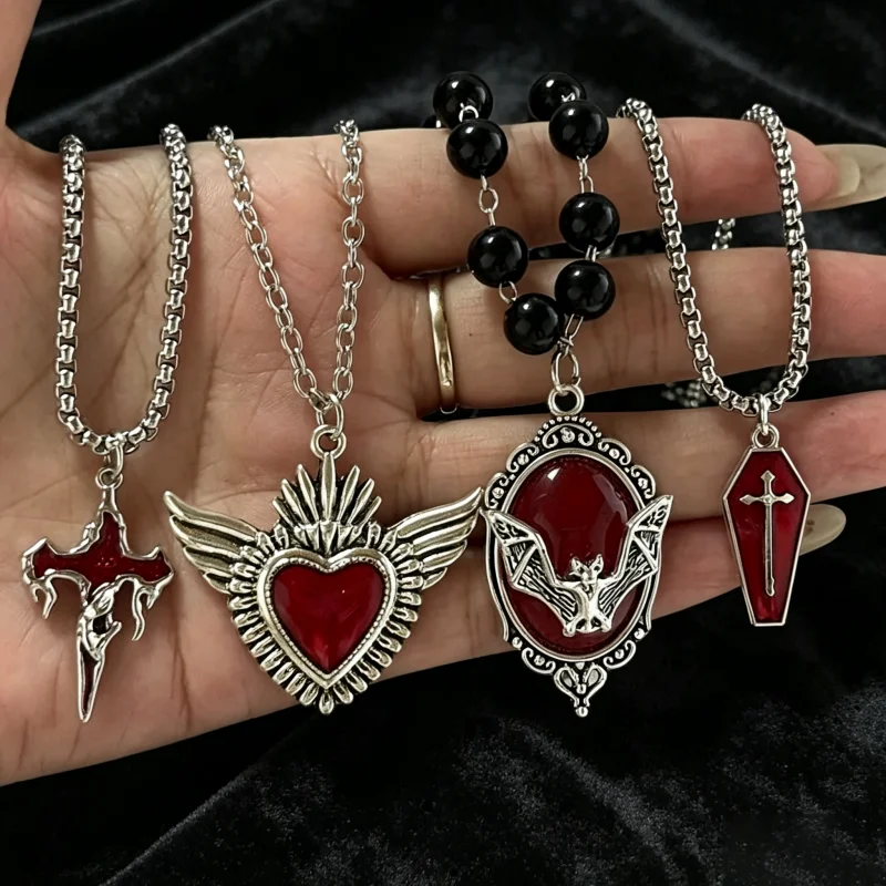 4Pcs Gothic Red Heart Wing Bat Cross Coffin Pendant Necklace Set for Women's Retro Punk Dark Aesthetic Neck Chain Jewelry