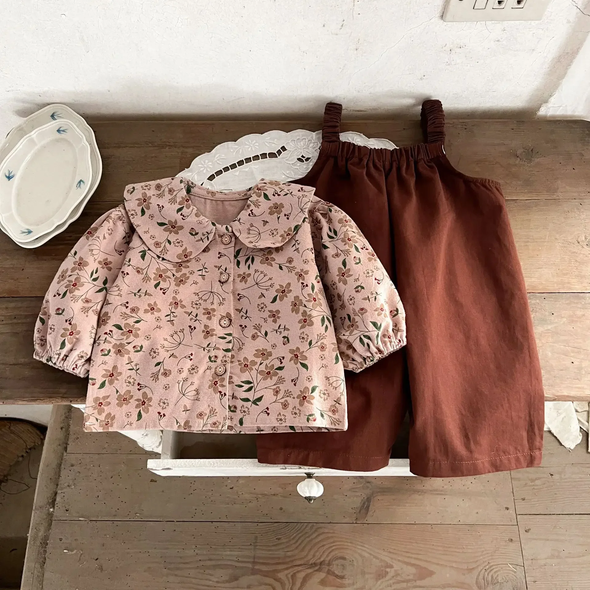 

2024 Autumn New in Kids Baby Girls Pure Cotton Clothing Set , Toddler Infant Floral Top Shirts + Solid Color Overalls 0-3Y