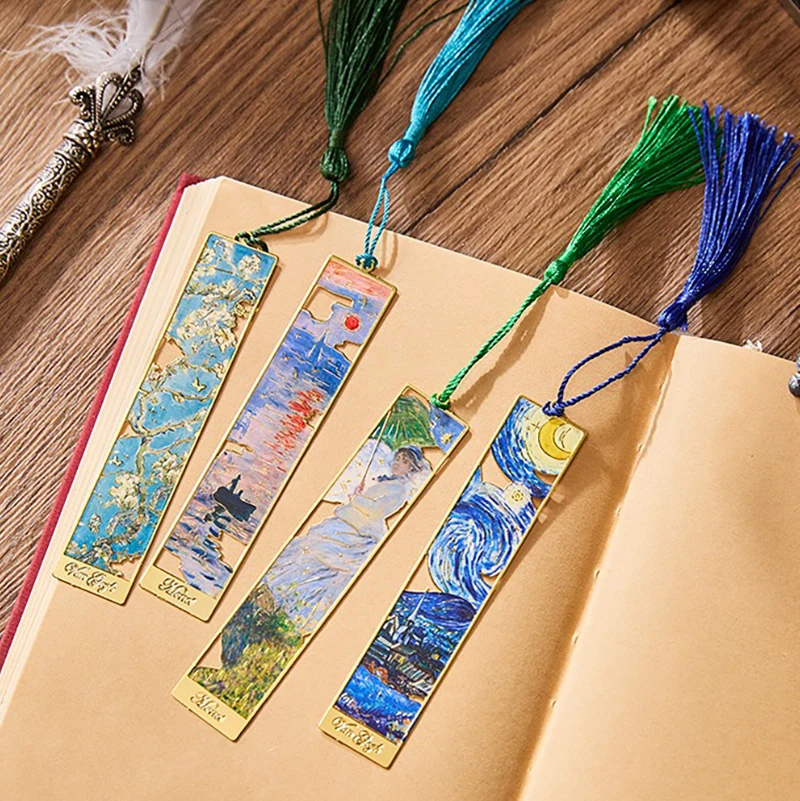 Metal Bookmarks with Tassel, Golden Hollow Bookmark Van Gogh Book Mark Bookmarks for Book Lovers Writers Readers Children