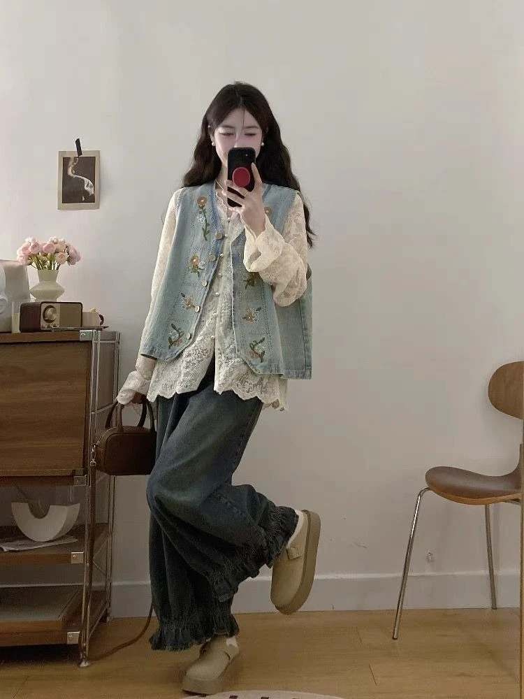 حجم كبير نمط الملح 2026 ربيع جديد مطرزة سترة جينز رداء علوي غير رسمي فضفاض صالح التخسيس الحلو نمط للنساء #3