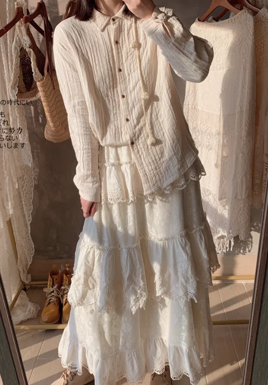 秋冬ガールズコットン刺繍スイートフリルベルベットレーススカートファッション万能年齢軽減ガーゼハイウエストスカート