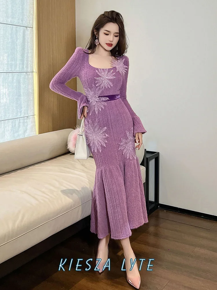 

Trendy Knit Sweater Dress for Women 2024 Spring 3D Floral Design Flare Sleeves and Mermaid Hemline mid-length evening dresses