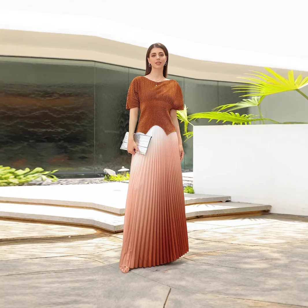 

Miyake Pleated 2 Pieces Set Women Fashion V Neck Short Batwing Sleeves Irregular Hem T-shirt Gradient A-line Folds Long Skirt