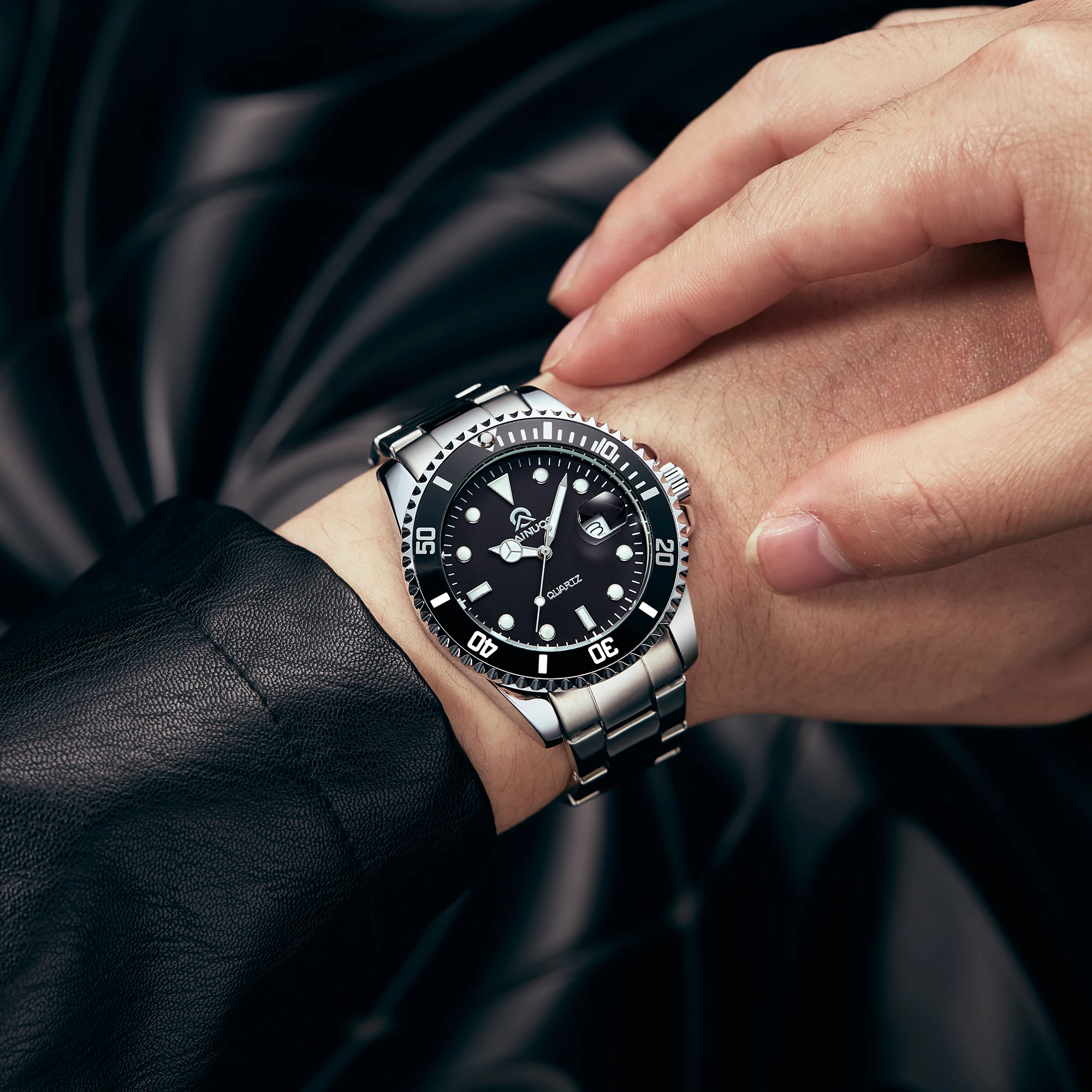 남성용 시계 쿼츠 그린 고스트 다이버 시리즈 스테인레스 스틸 시계 방수 달력 시계 비즈니스 럭셔리 시계 Reloj Hombre