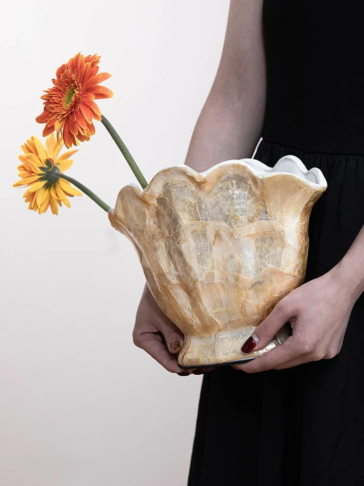 【Natural】Natural Seashell Inlaid Ceramic Vase, Handmade Luxury Gold Flower Vase for Home Decor Living Room Decoration