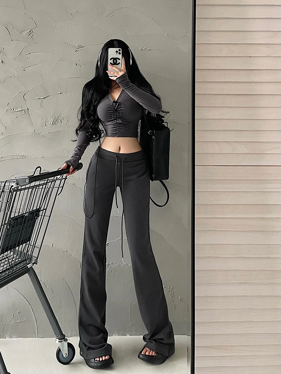 Young Girl Day Low Waist Drawstring Elastic Waist Tight Micro Flared Leg Lengthening Casual Pants Floor Length Trousers