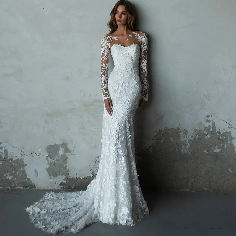 Abiti da sposa a sirena in pizzo per donna Maniche lunghe personalizzate Scollo rotondo Sweep Train Bottoni con cerniera posteriore Abito da sposa