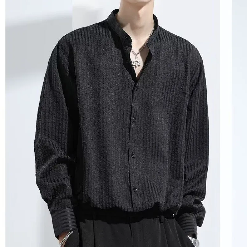 Men Bubble Gauze Stand Collar Shirt Long Sleeve Loose Casual Thick Top