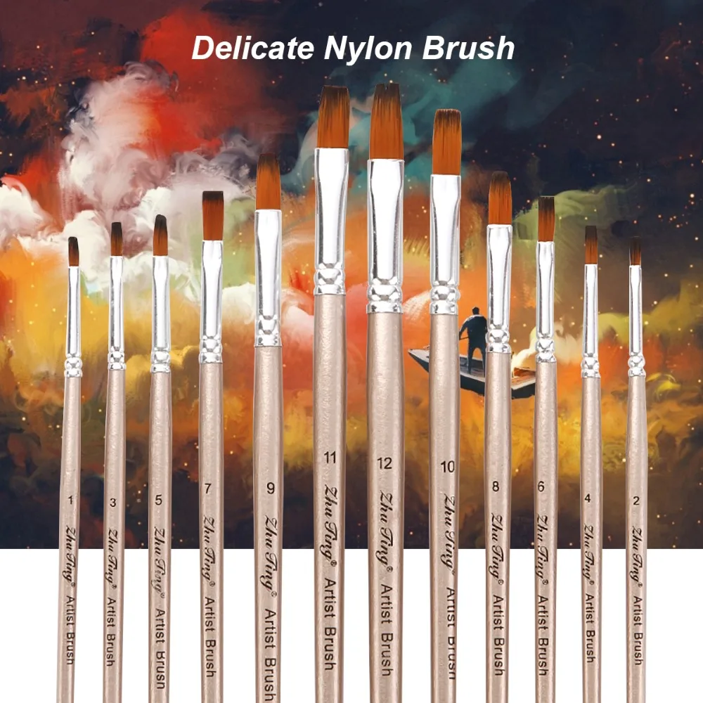 12Pcs Nylon Hair Paint Brush Set Flat Shader Wooden Handle Art Painting Brushes Angular Paintbrushes Fine Detail