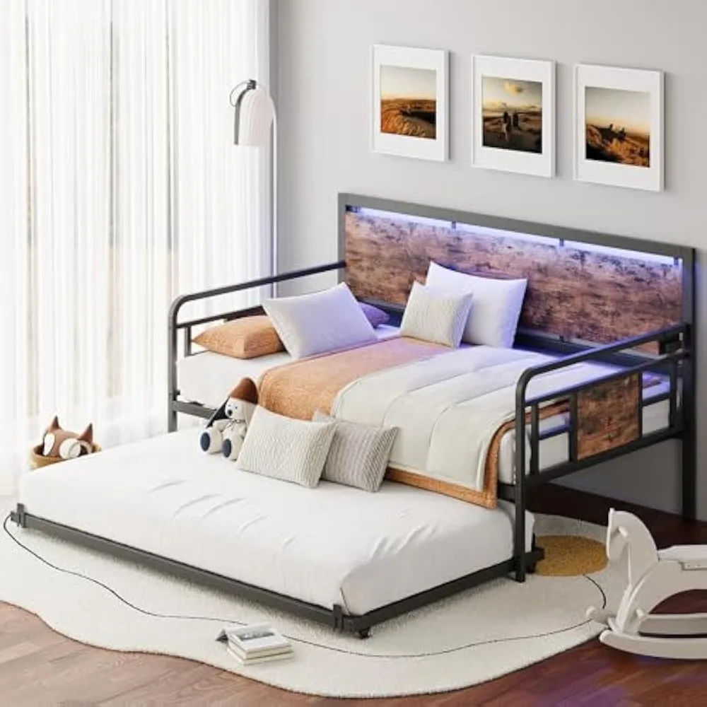

Daybed with Trundle, Wood and Metal Twin Size Daybed with LED Lights, Charging Station, Durable Metal Sofa Bed Frame with Steel