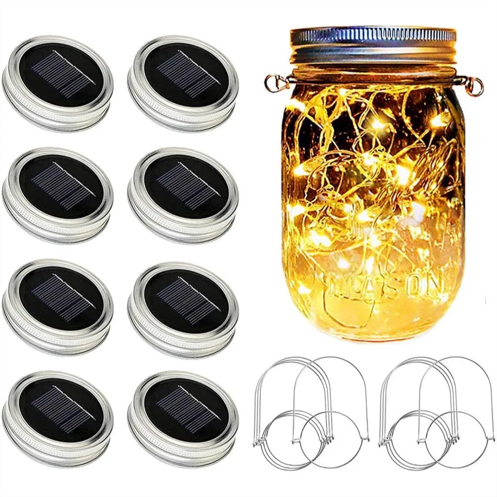 

Solar Mason Jar Lights 8 Pack 20 LED Waterproof Jar Lids String Lights With Hangers For Patio Yard Garden Wedding Decoration Warm White
