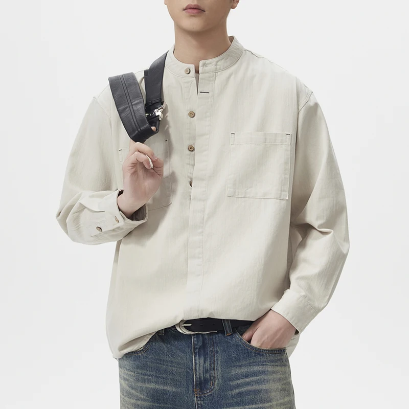 

Men Business Commute Loose Long Sleeve Cityboy Streetwear Oversize Shirts Stand Collar Pure Cotton Vintage Casual Cargo Shirt