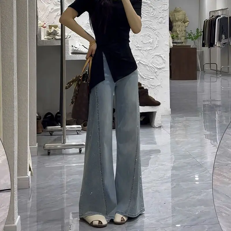 Pantalones vaqueros de primavera 2025 para mujer, pantalones vaqueros holgados de pierna ancha acampanados de cintura alta, Retro Azul, bordado de diamantes de imitación, pantalones de suelo de arrastre