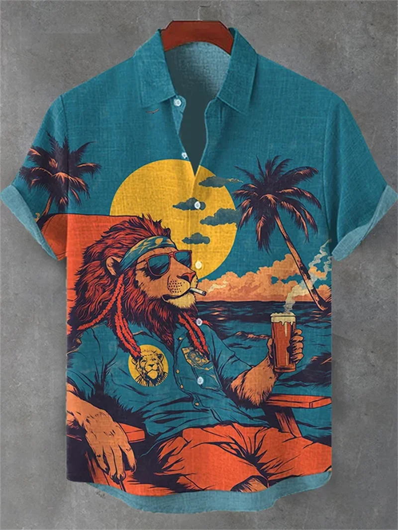 

Lion 2024 fashion street Hawaiian loose short sleeved men's clothing trend, high-end men's shirt 3D printed linen shirt