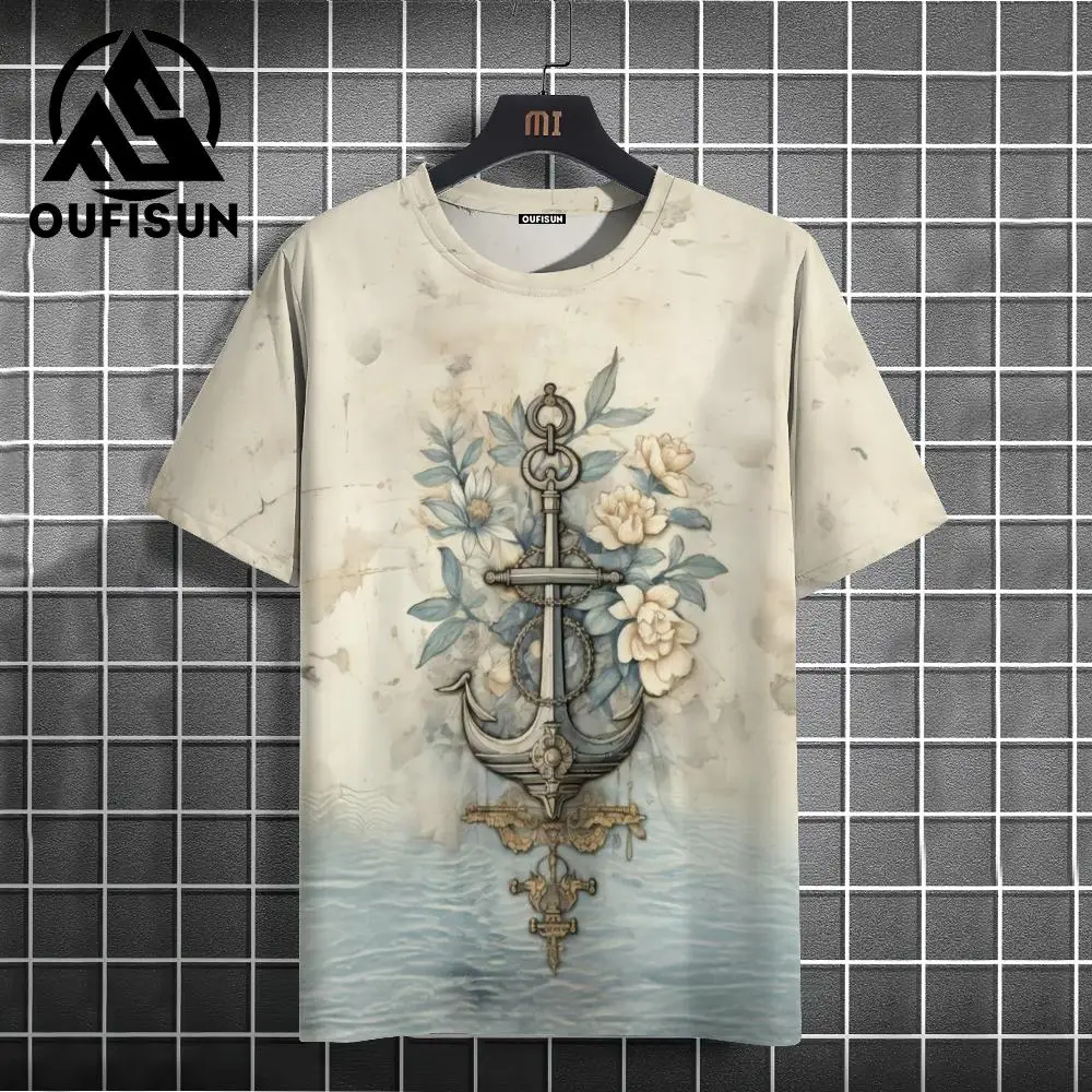 Men\'s T Shirt Ship Anchor Print Summer Casual Short Sleeve 3d T Shirts Streetwear O Neck Pullover Oversized Male Clothing