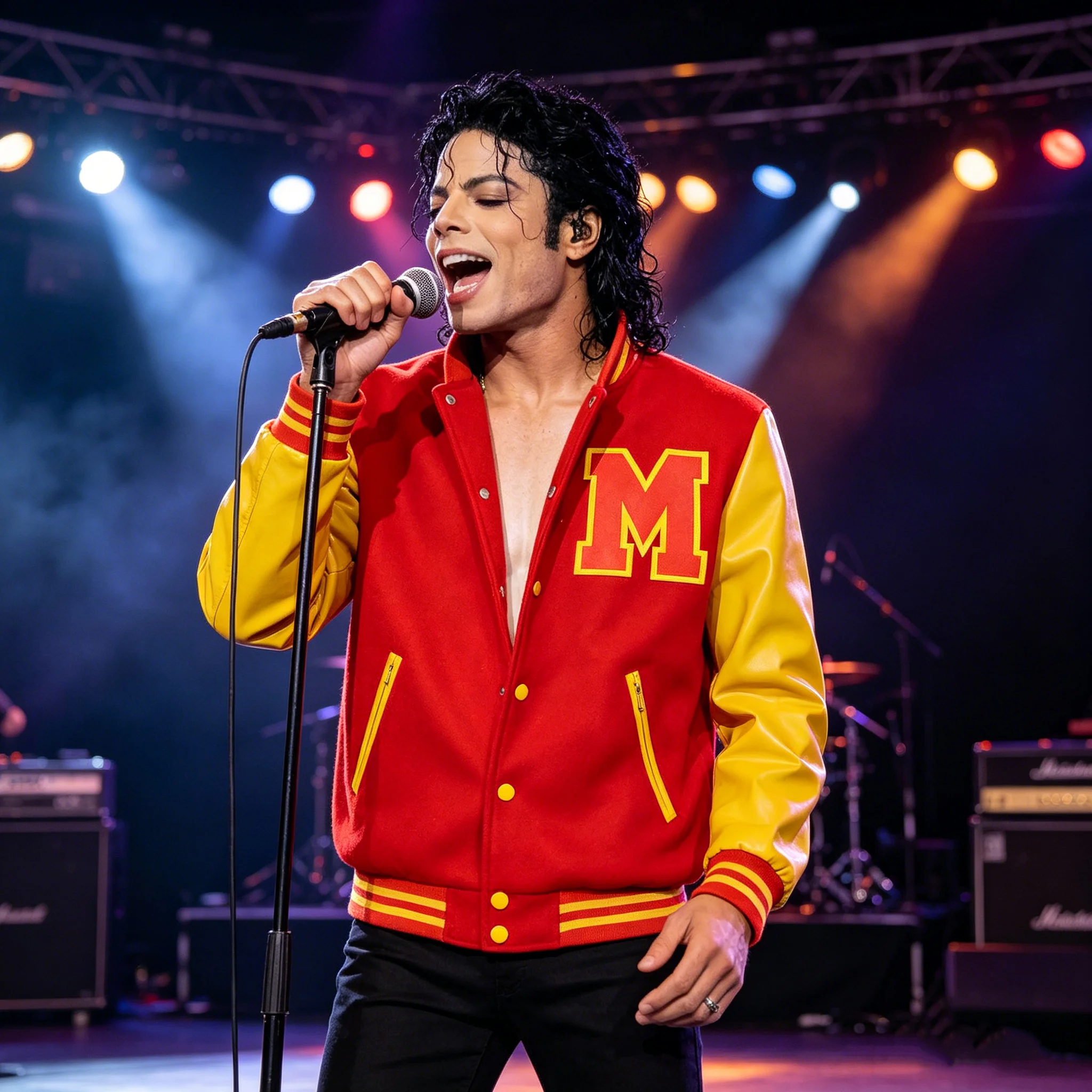 Herren-Cosplay-Jacke für Michael Jackson Cosplay Rot-Gelb Colorblock Varsity Bomber Cosplay-Kostüm Bühnen- und Alltagsoutfits