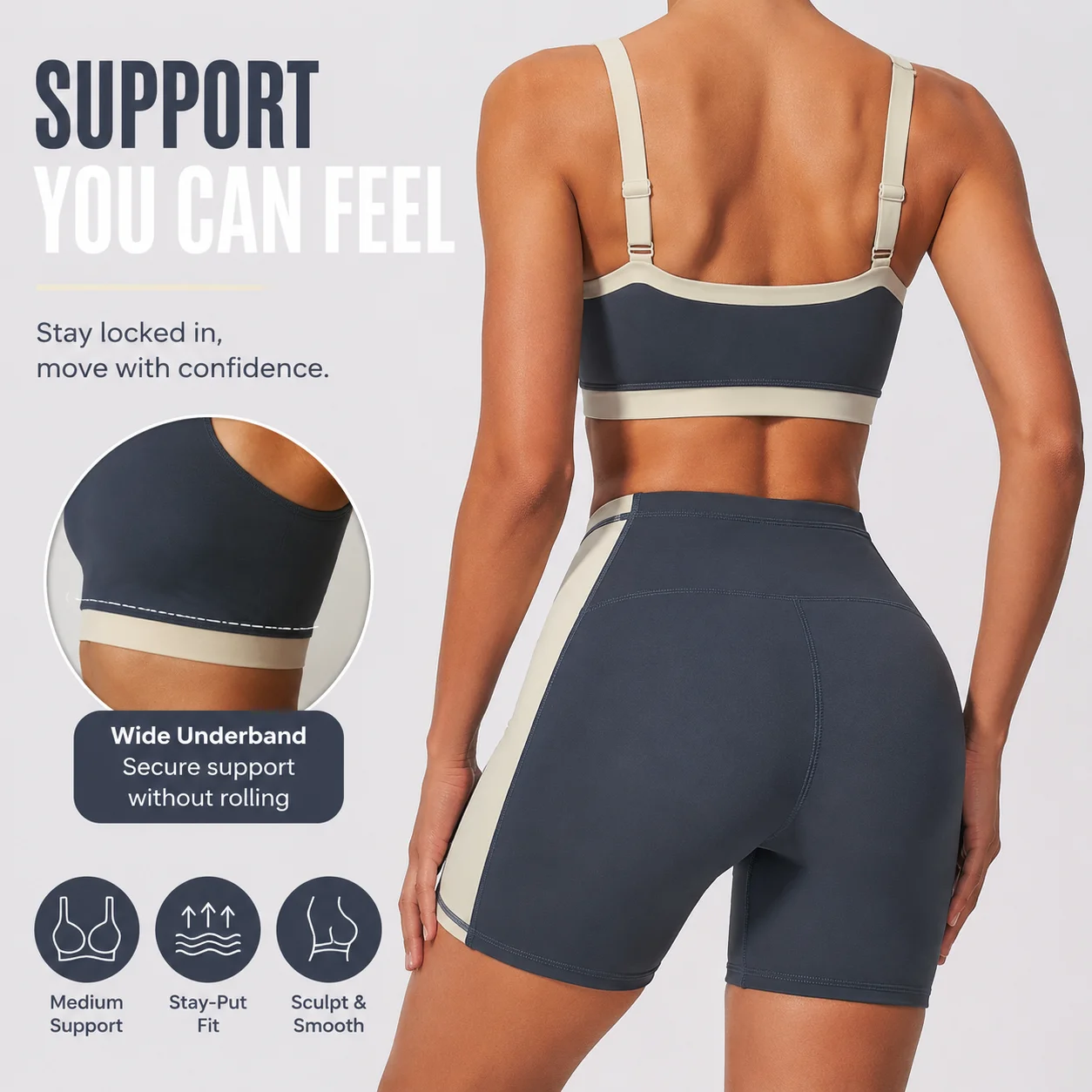 Women 2PCS Yoga Set Sports Bra Bike Shorts Square Neck Wide Strap Athletic Workout Gym Tummy Control