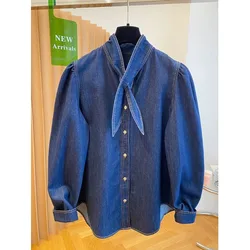 Vintage Bubble Sleeve Denim Shirt Women's Loose Cross Collar Spring 2025 Fashionable Korean Style Long Sleeve Button up Top