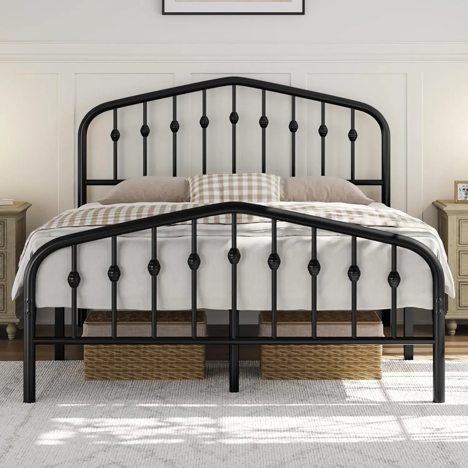 

Frames Metal Platform Bed with Victorian Style Wrought Iron Headboard and Footboard/Easy Assembly/No Box Spring Needed/Black