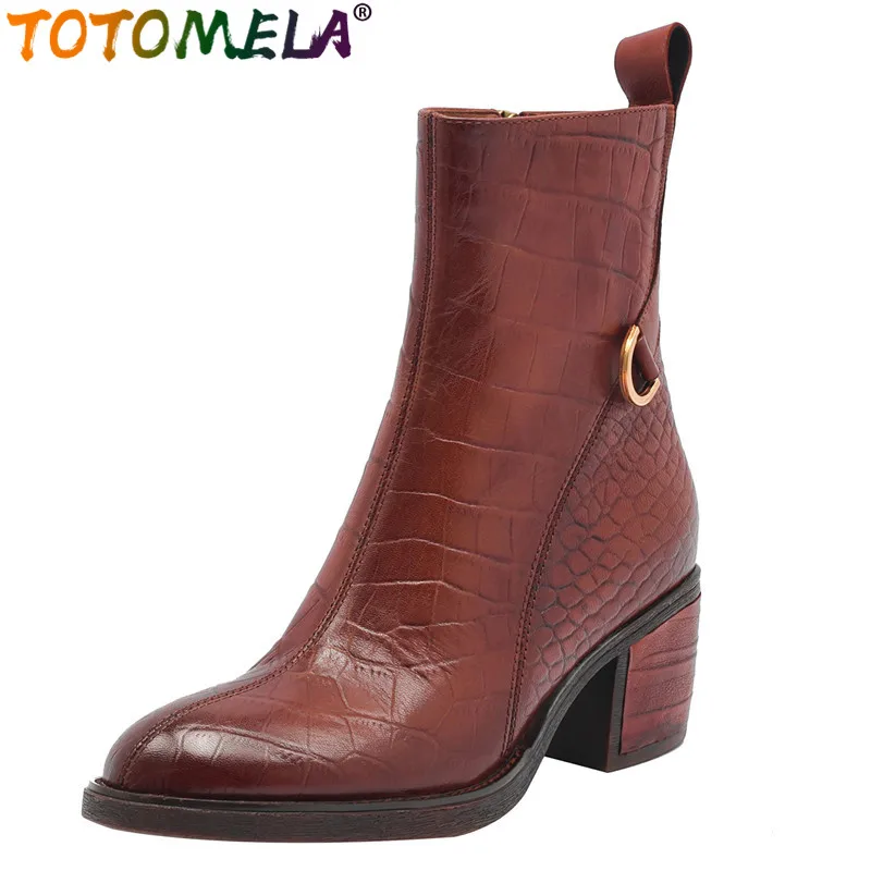 

TOTOMELA 2024 New Top Quality Sheepskin Leather Boots Thick High Heels Ankle Boots Ladies Zipper Platform Winter Boots