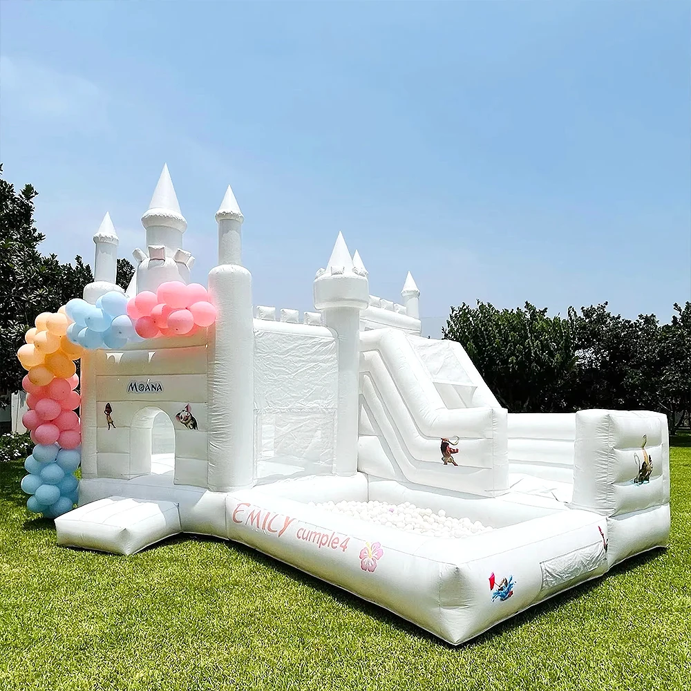 Corrediça inflável do bouncer com poço de bola para crianças perfeito para festas de casamento aniversários diversão ao ar livre soprador de castelo branco incluído