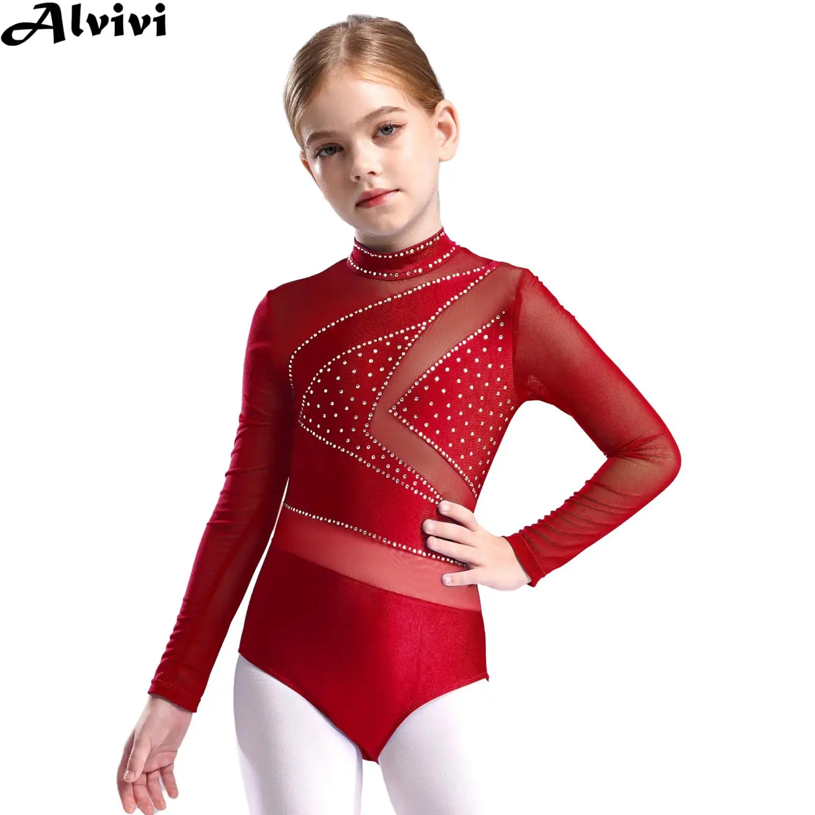 Kids Girls Figure Skating Performance Leotard Long Sleeve Rhinestone Sheer Mesh Bodysuit for Ballet Dance Gymnastics Acrobatics