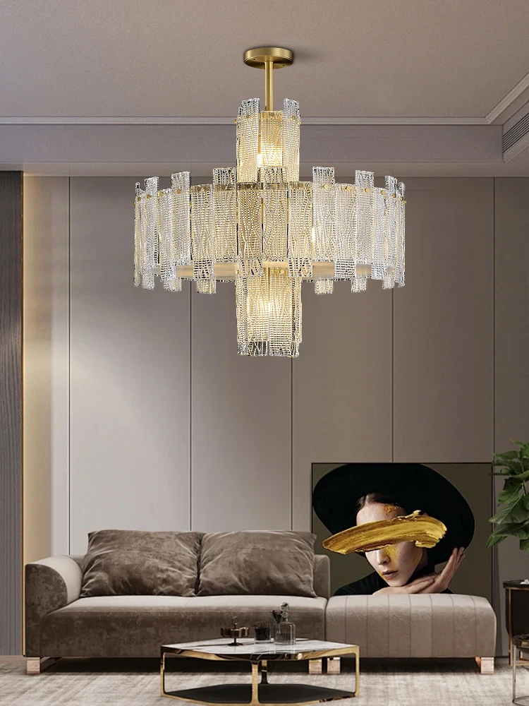 All Copper Luxury Large Ceiling Pendant Light Gold Crystal Glass Pendant Lamp Doe Villa Duplex High-ceiling Room Decor Lighting