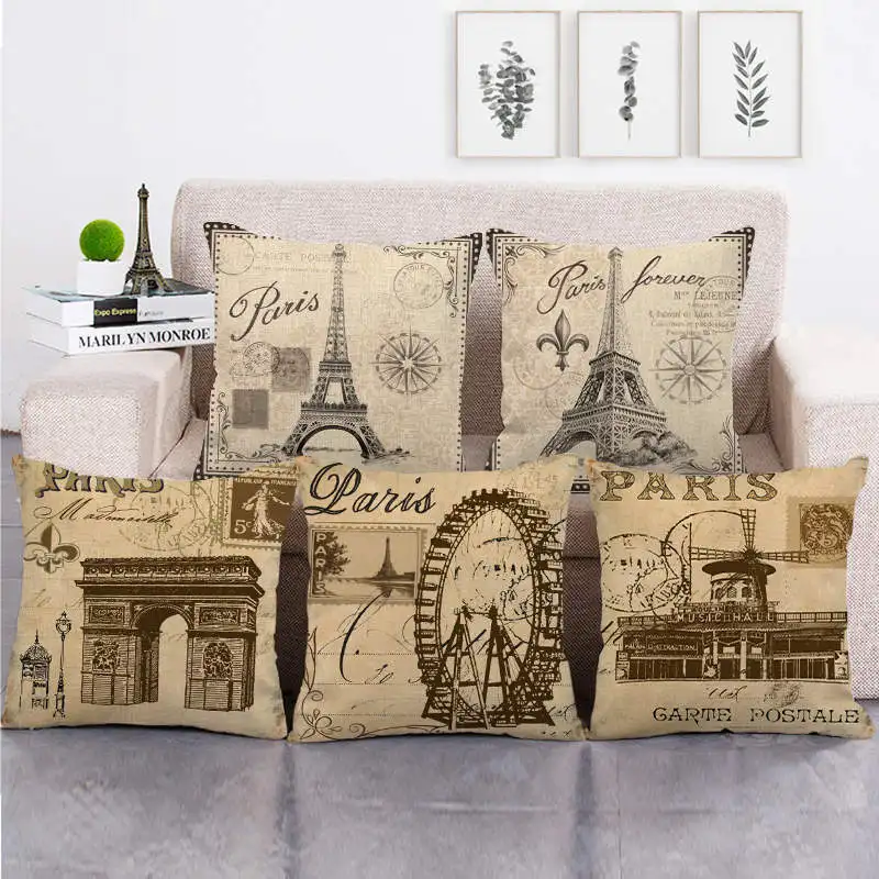 

Vintage Paris Tower Linen Pillow Case Romantic Love Paris Pillowcases for Pillows Double Bed Cushion Home Decor 45x45 Sofa Cover