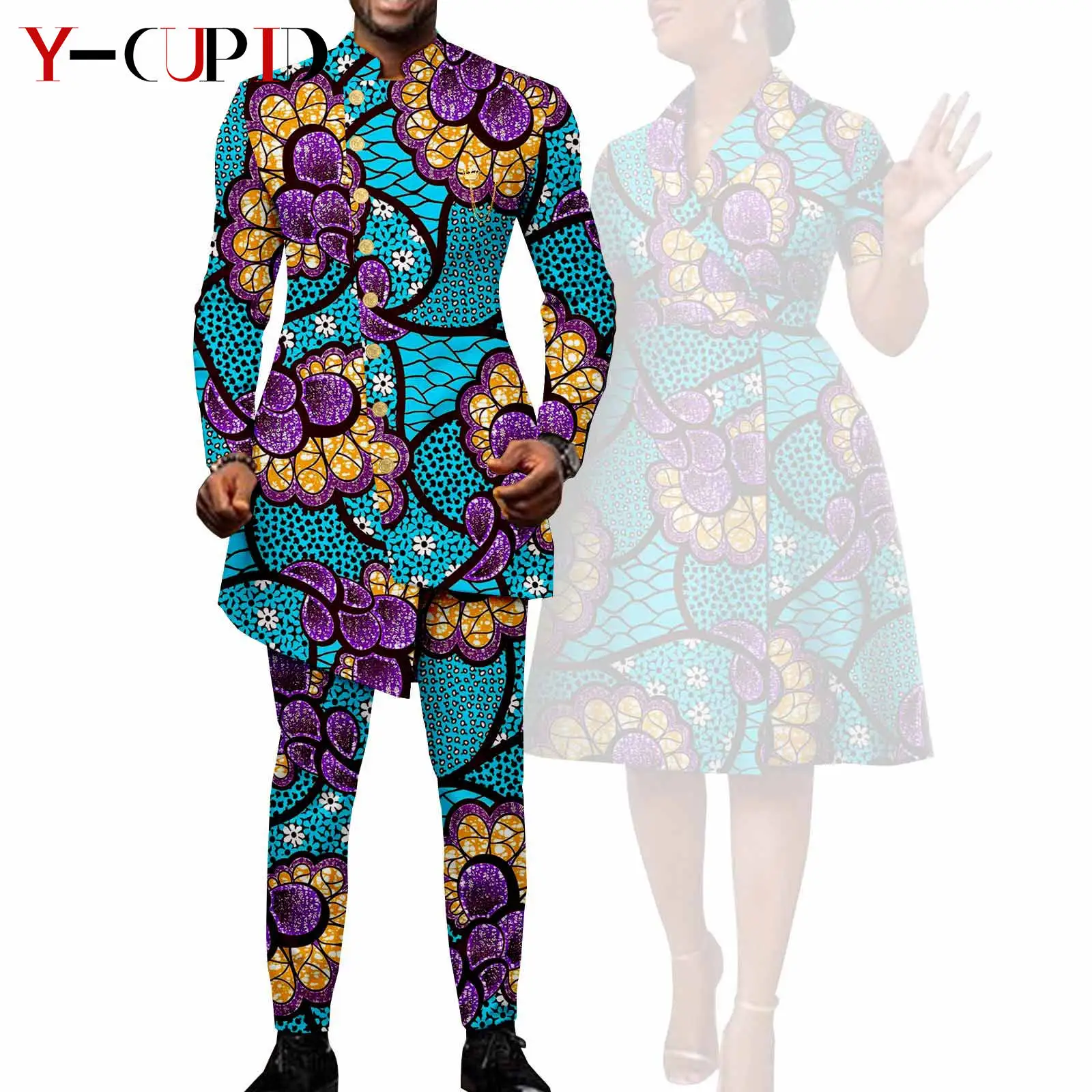 African Suits for Men Single Breasted Fit Jackets Matching Couple Outfits Bazin Riche Dashiki Print Dresses Trench Coats Y23C007