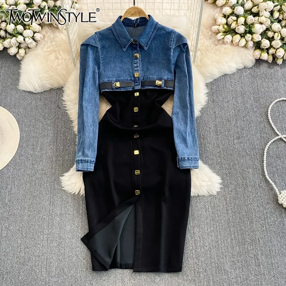 TWOTINSTYLE Hit Color High Street Dress For Women Lapel Long Sleeve Patchwork Button High Waist Dress Female Fashion KDR521988