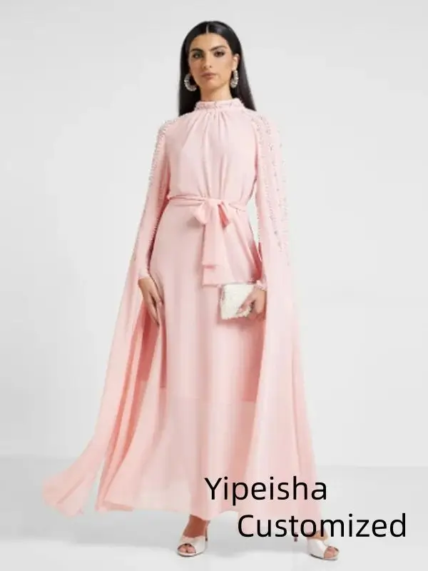 فساتين سهرة رسمية أنيقة مخصصة من الشيفون برقبة عالية وأكمام طويلة لامعة مطرزة شال مطوي دبي فساتين لحضور الحفلات الموسيقية فساتي #5