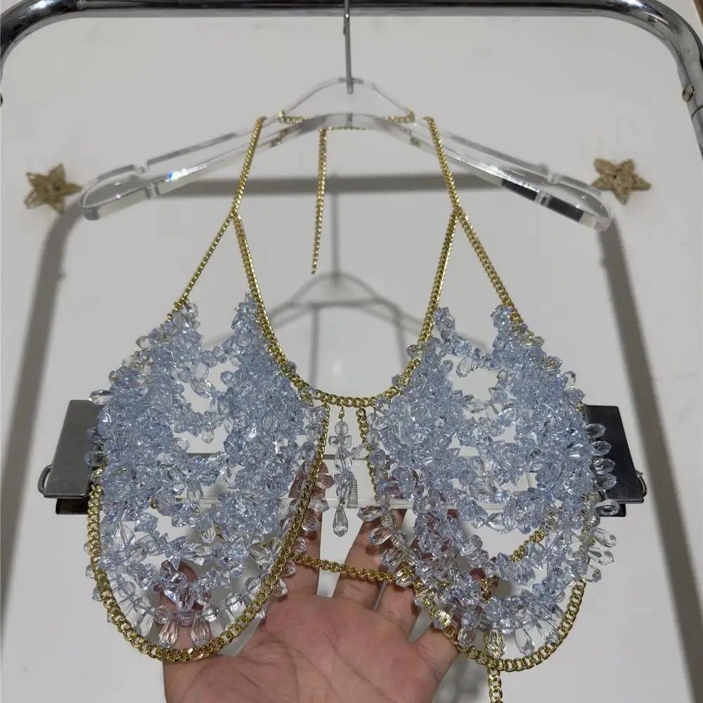 

Sexy Hollow out Beaded Chain Strap Top Crossbody Bal Bodysuit European Sle 3D Element Women's Vest Strap Underwear