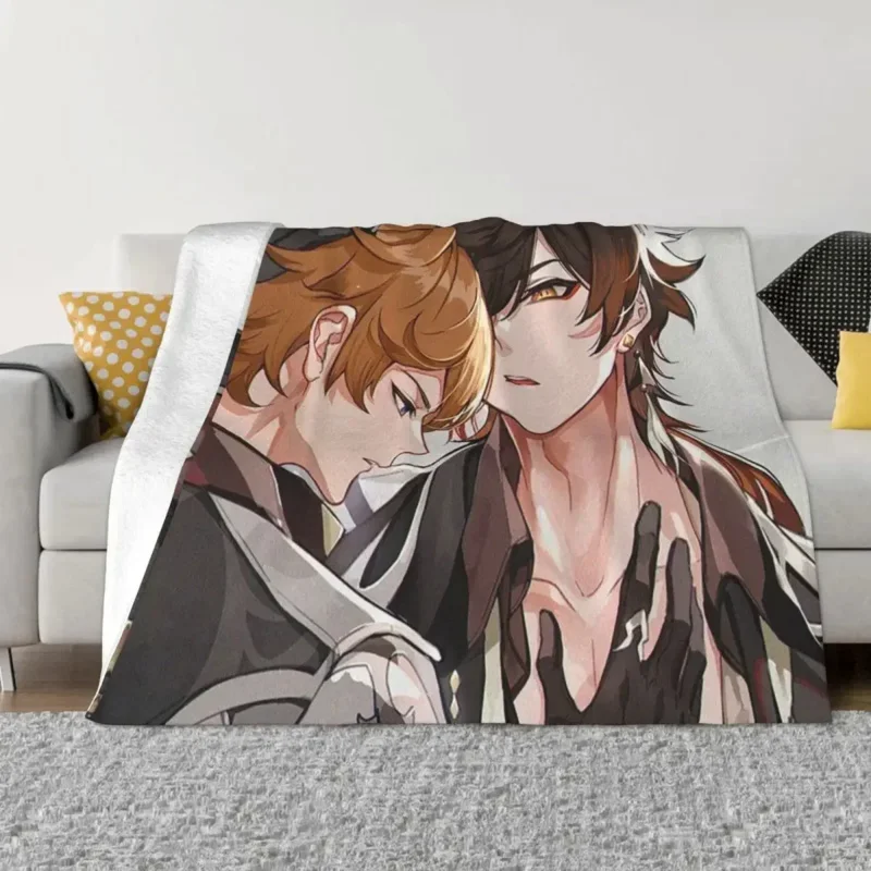 Zhongli Tartaglia Blanket Genshin Impact Acg Anime Flannel Throw Blanket Bedding Couch Personaled Soft Warm Bedspreads