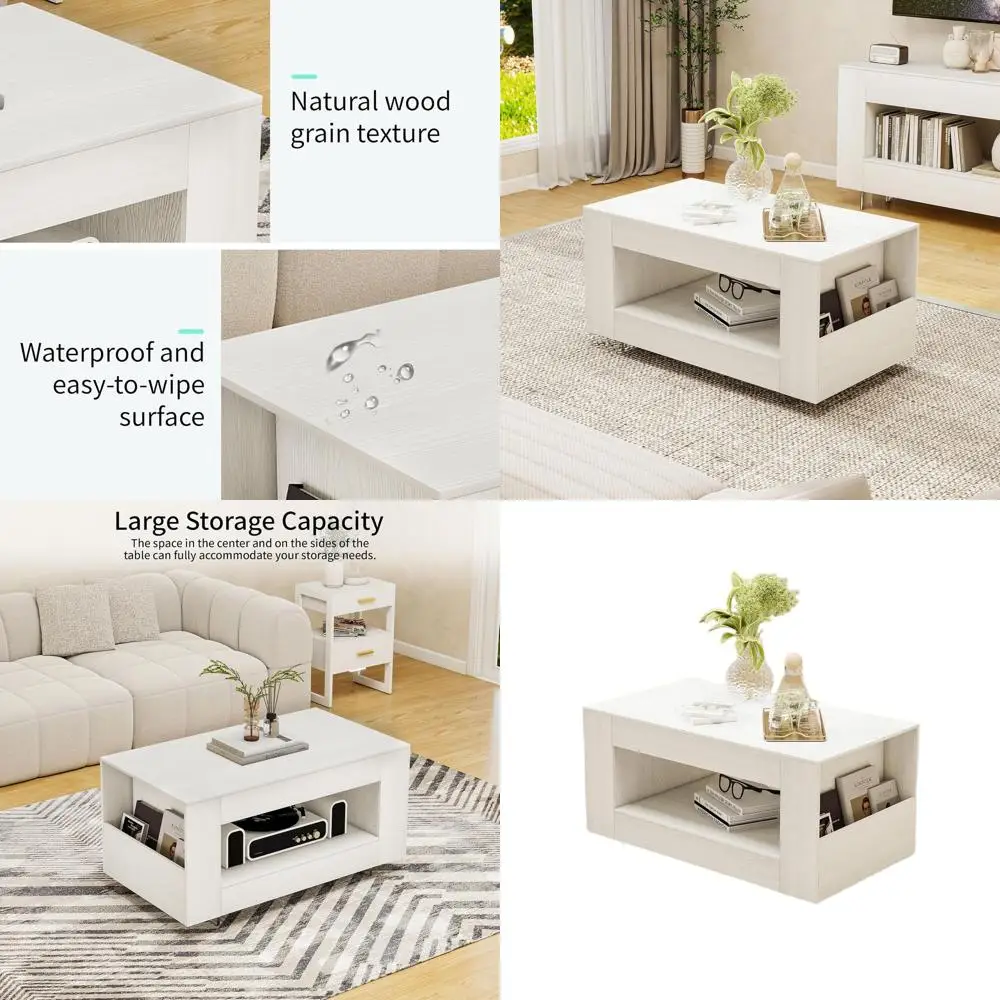 

Современный двухуровневый белый журнальный столик с прозрачными ножками для гостиной, с боковыми отсеками для хранения, в минималистичном стиле