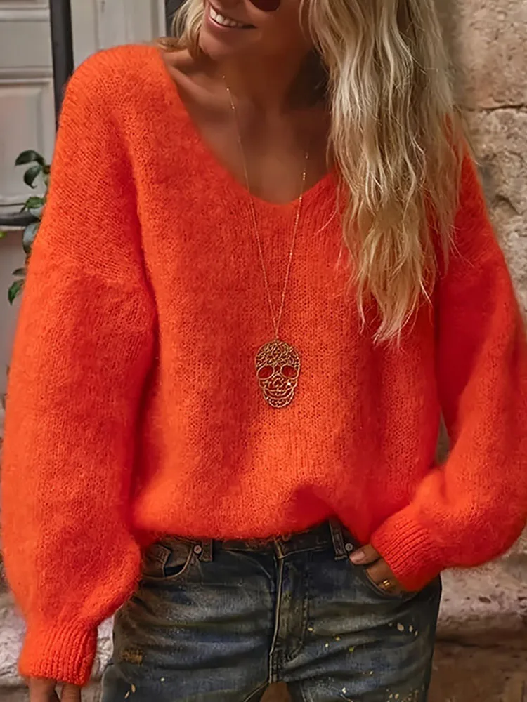 Jerséis sueltos Wram a la moda de invierno para mujer, suéter suave elegante con cuello en V, Tops informales de manga larga, blusa de punto de Color sólido