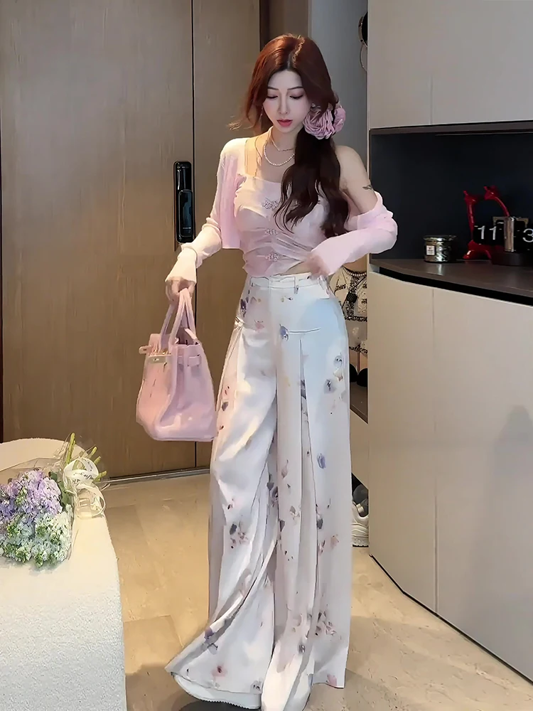 Nouveau chinois Sle aquarelle imprimé pantalon à jambes larges femmes taille haute minceur drapé pantalon décontracté été nouveauté