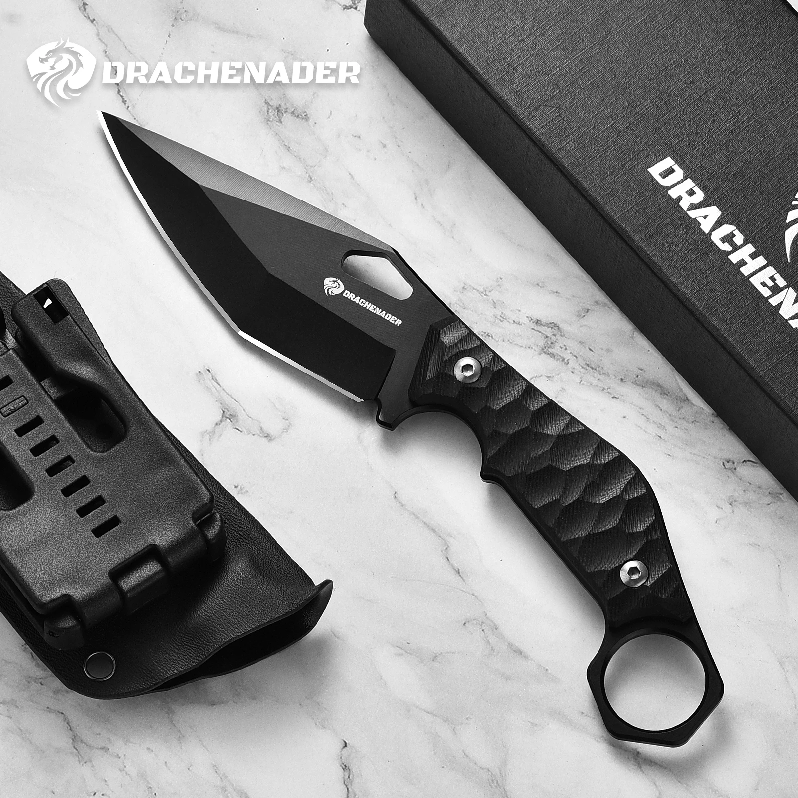 Survival Knife Tactical EDC Fixed Blade for Men with Kydex Sheath 5mm Thick Stainless Steel G10 Anti-Slip Handle Full Black