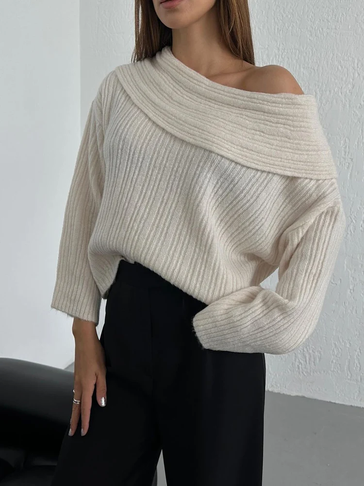 

Новый осенне-зимний повседневный свободный женский вязаный свитер с открытыми плечами и длинными рукавами, винтажный женский пуловер, джемпер, шикарный уличный топ