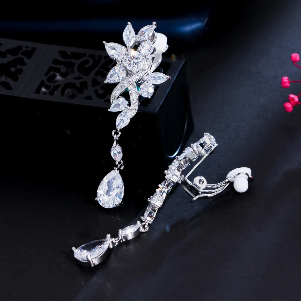 CWWZircons Ohrringe ohne Ohrloch, Zirkon-Blumen-Ohrhänger für Damen, Hochzeit, Brautparty, lange Clip-Ohrringe ohne Piercing, Großhandel EJ0030 – Detail 5