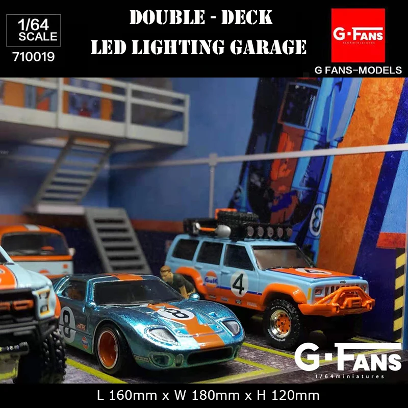 G-Fans 1:64 Assemble Diorama Double-Desk USB LED Lighting Garage Model Car Station -Gulf Version