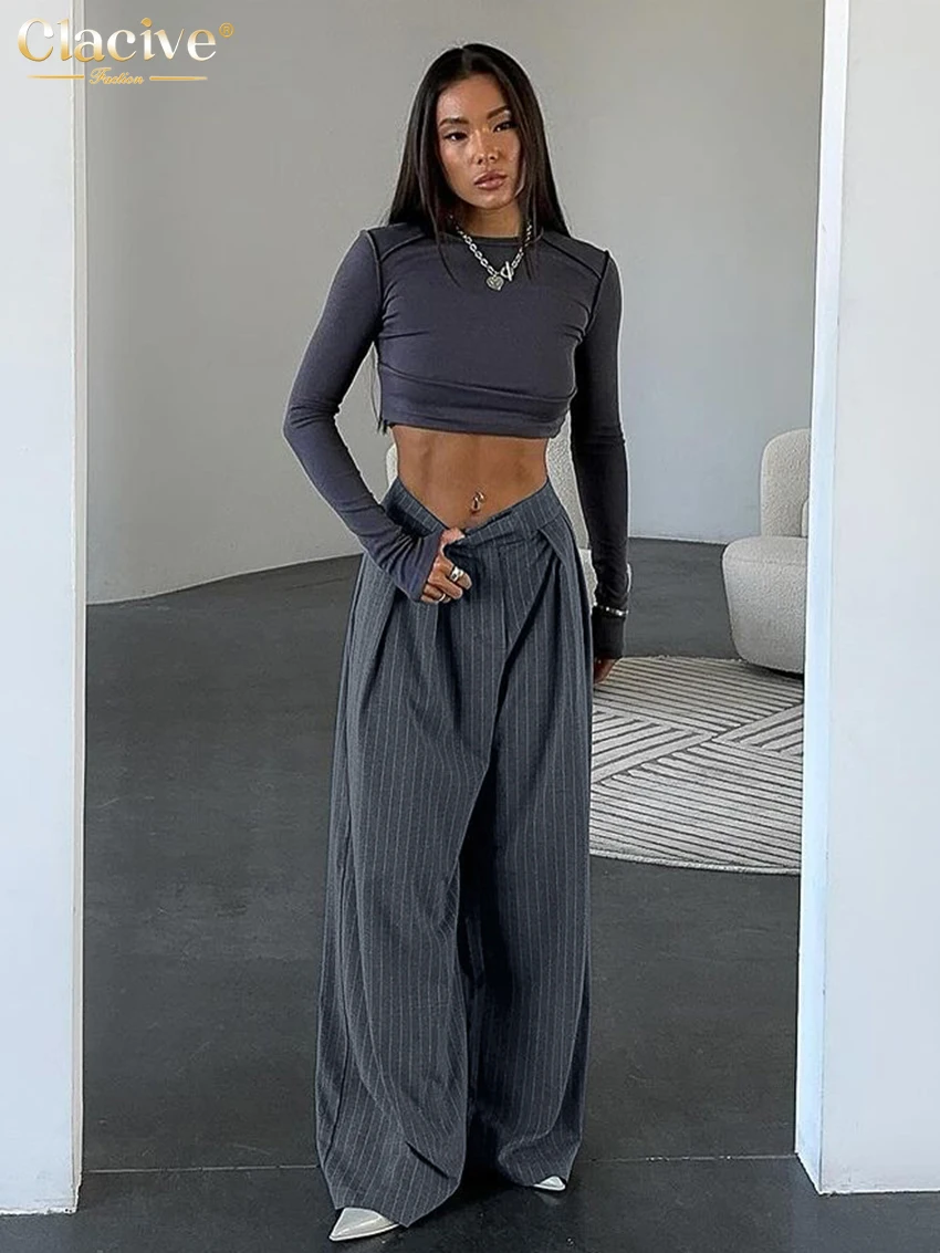 Clacive Fashion Loose Stripe Women\'s Pants 2025 Vintage High Waist Full Length Trousers Elegant Classic Wide Leg Pants Female